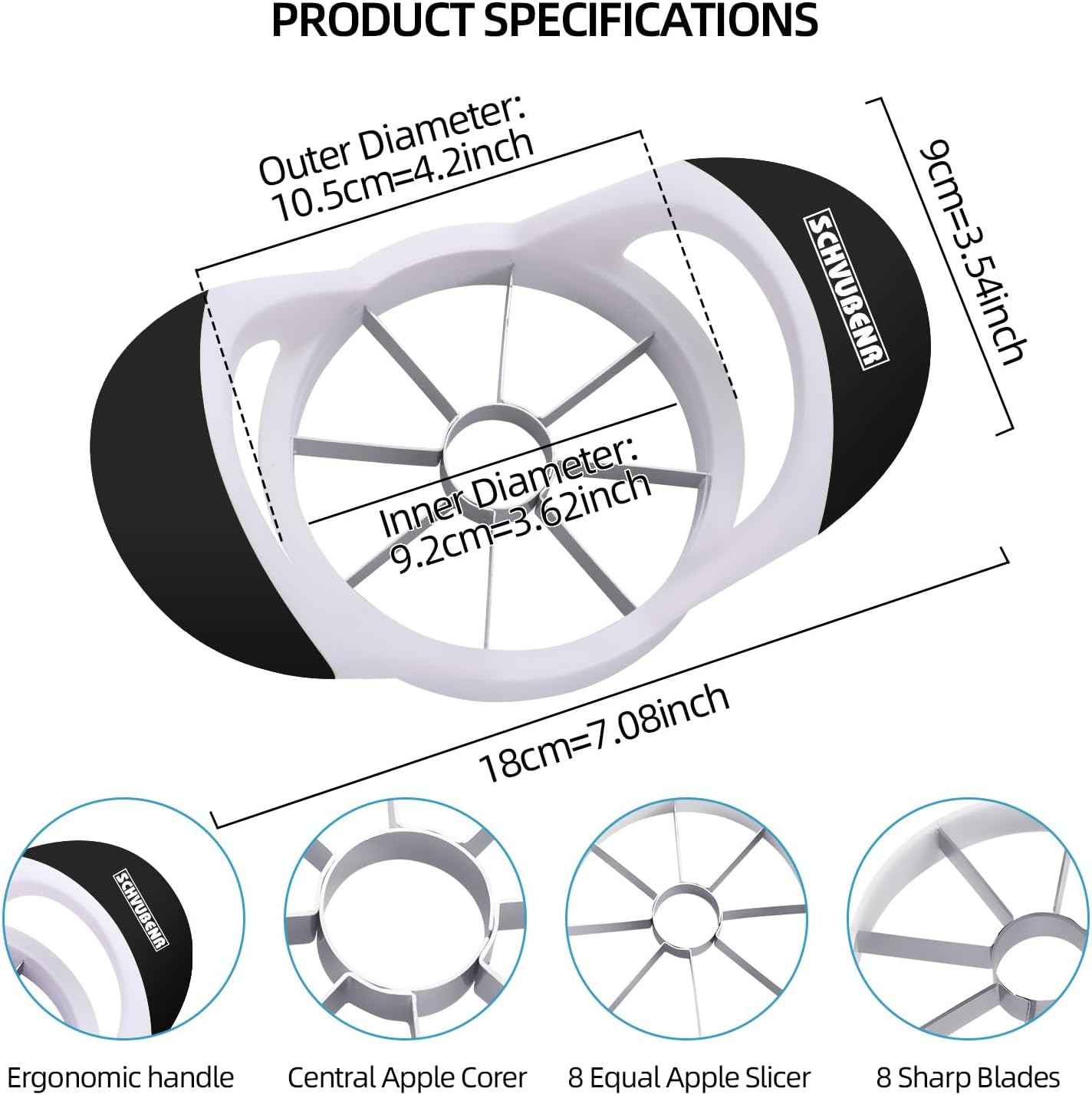 SCHVUBENR 3.5 Inch Apple Slicer - Professional Apple Cutter - Stainless Steel Apple Corer - Super Sharp Apple Slicer and Corer - Apple Tool with 8 Sharp Blades(Black)