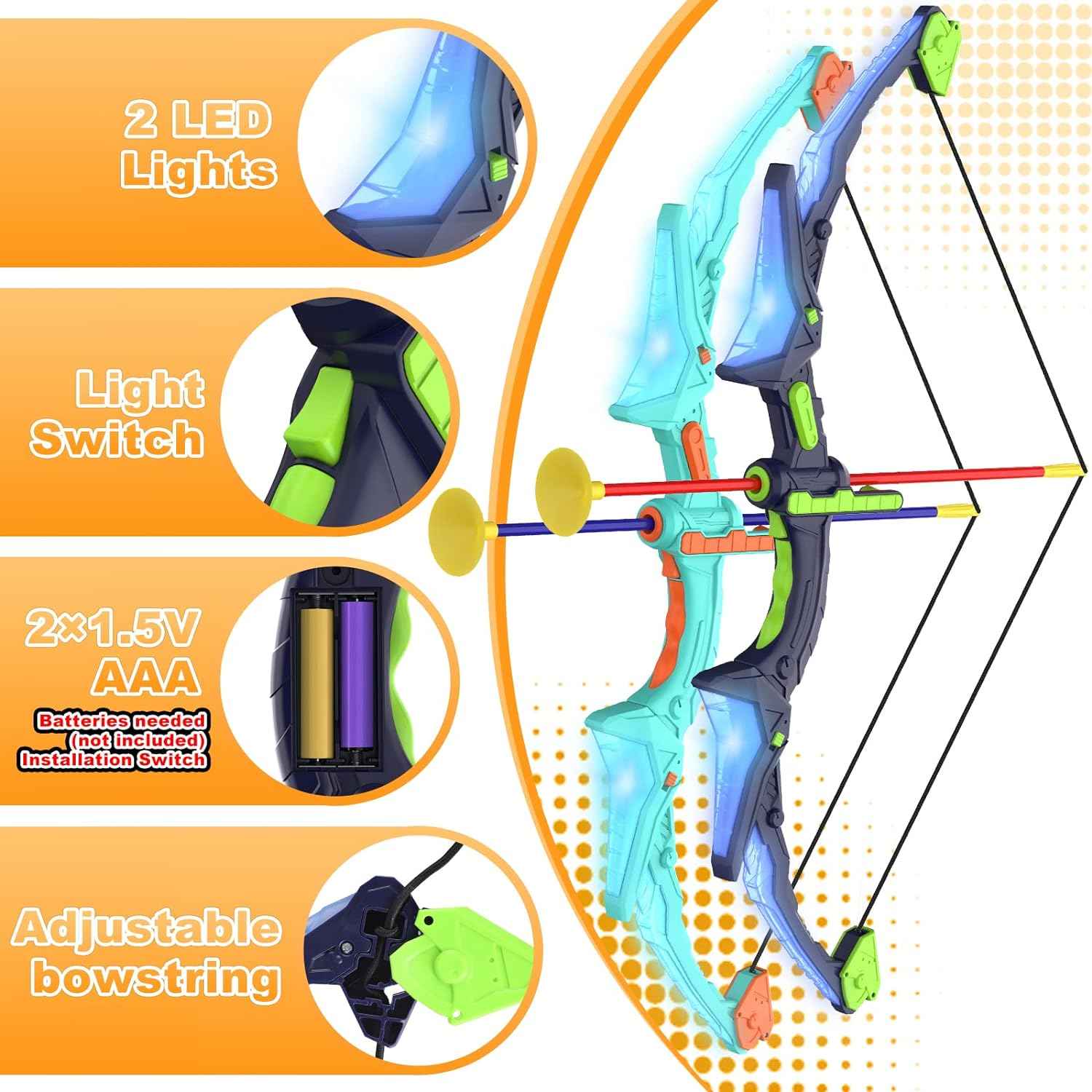Kmuxilal 2 Pack Kids Bow and Arrow Set with LED Flash Lights, 14 Suction Cup Arrows and Fluorescence Standing Target-Perfect Indoor and Outdoor Game Archery Set Toy Gift for 4 5 6 7 8-12 Year Old Boys