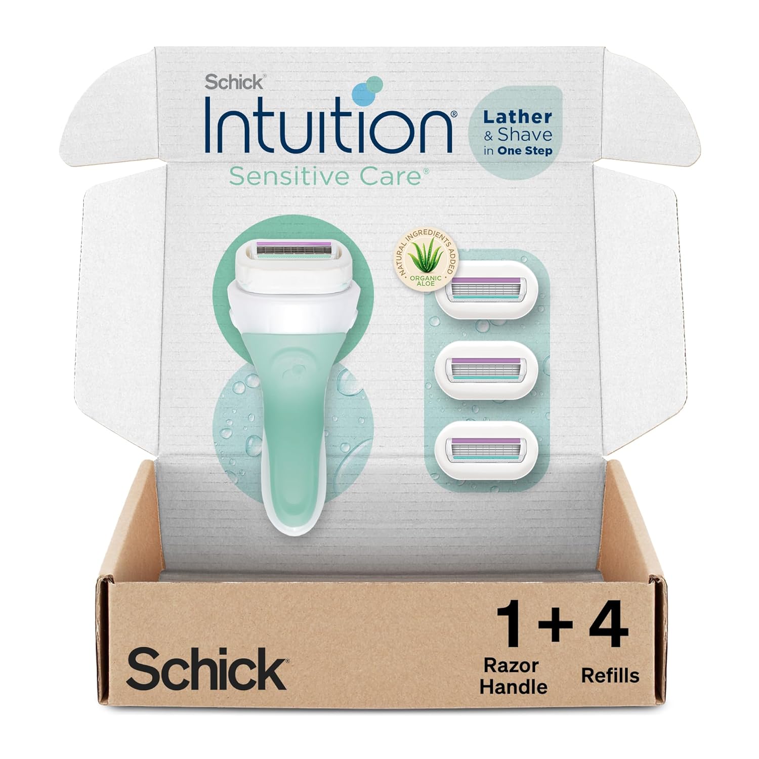 Schick Intuition Sensitive Care Razor for Women with Sensitive Skin, 1 Razor & 4 Refill Blades with Organic Aloe