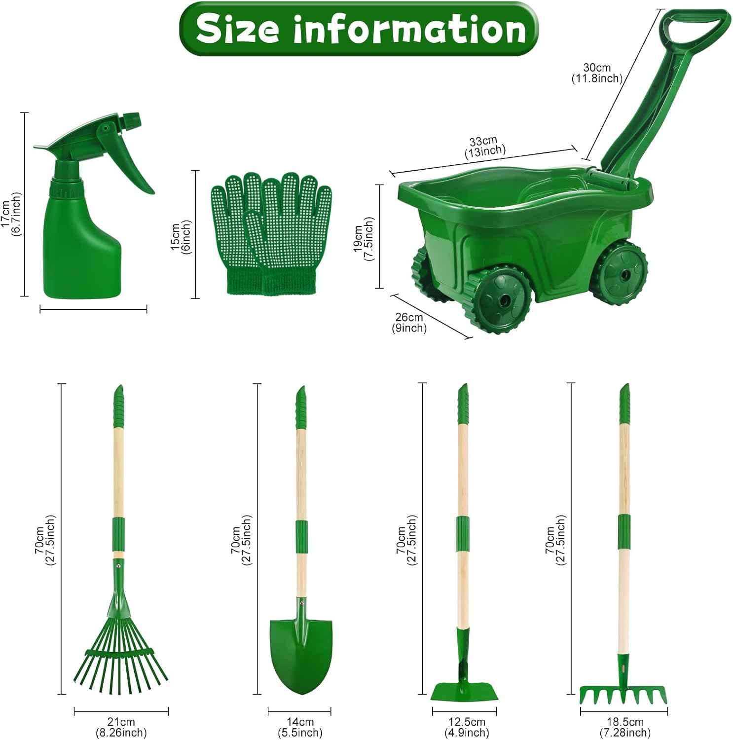 Duckura Kids Gardening Tools Set - 7pcs Wheelbarrow Set for Kids with Shovel, Rake, Leaf Rake, Summer Outdoor Yard Digging Weed Birthday Gifts Toys, Valentine's for Boys Girls Age 2 3+ Years(Green)