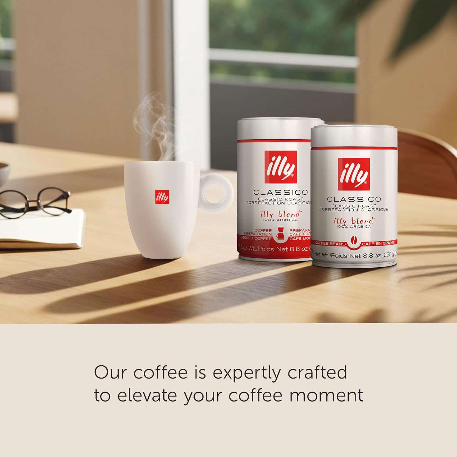 illy Classico whole bean coffee, 8.8 oz can, medium roast, 100% Arabica, no preservatives