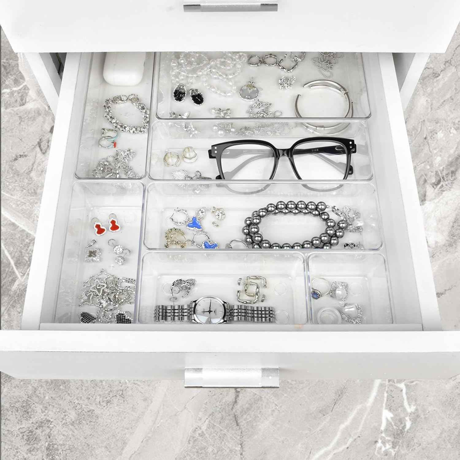 Drawer Organizers Set of 15, 4 Sizes Clear Plastic Drawer Organizers and Storage Bins for Kitchen, Bathroom, Office, Dresser Desk Drawer Organizer Tray for Jewelry, Makeup, Junk, Gadgets
