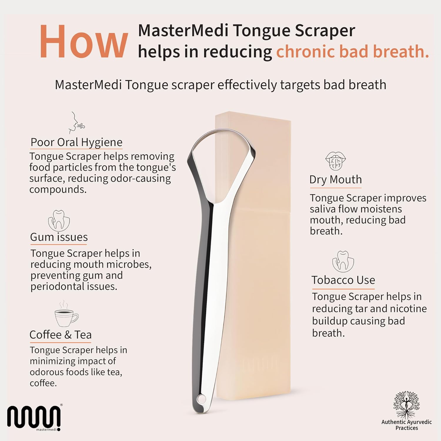 mastermedi 100 stainless steel tongue scraper for adults bad breath oral care