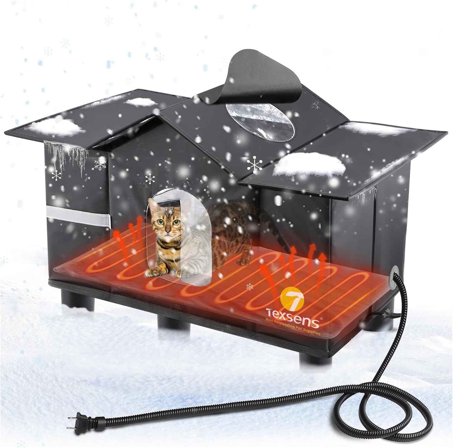 Texsens Heated Cat House for Outside - Weatherproof Large Outdoor Cat Shelter with Roof Window & Cozy Cushion - Ideal for Stray/Feral Cats