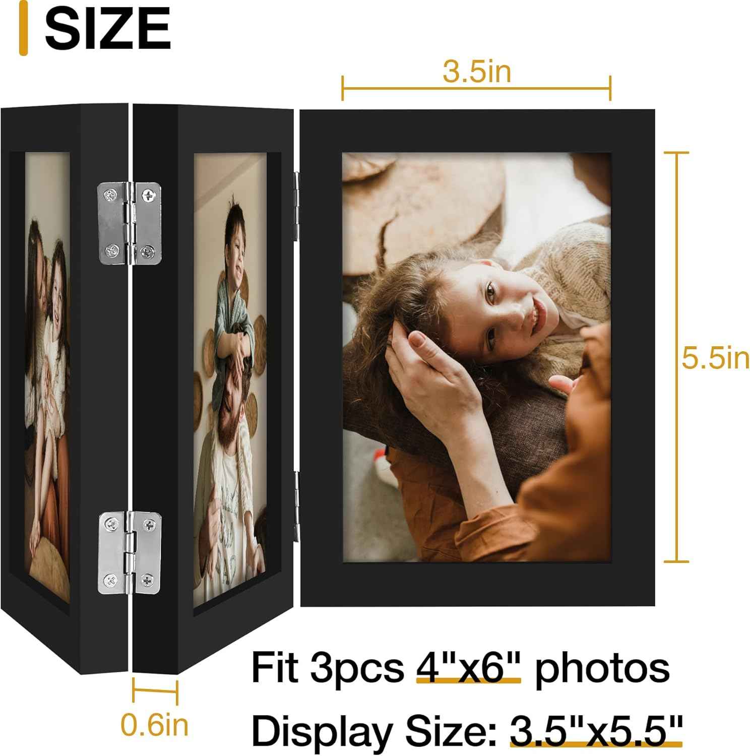 decorUhome Triple 4x6 Picture Frame Vertical, Engineered Wood Trifold Photo Frame with Plexiglass for Tabletop Display, 4x6, Black