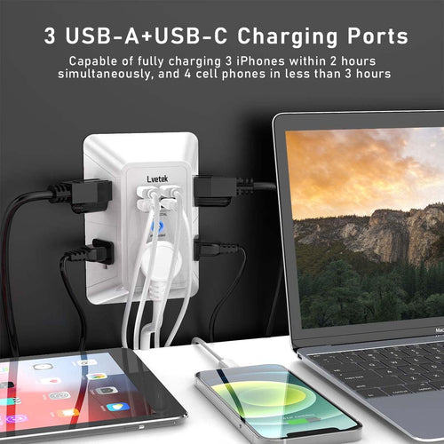 5 outlet wall extender with 4 USB charging ports, 3-sided surge protector, ETL listed, white