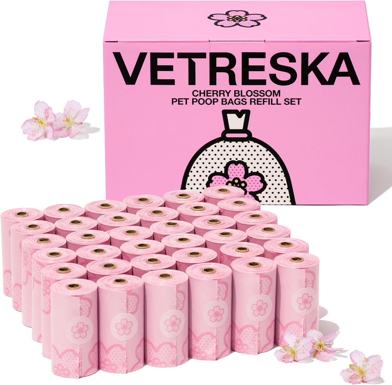 vetreska dog poop bag dispenser with cherry blossom scented bags and holder, pink