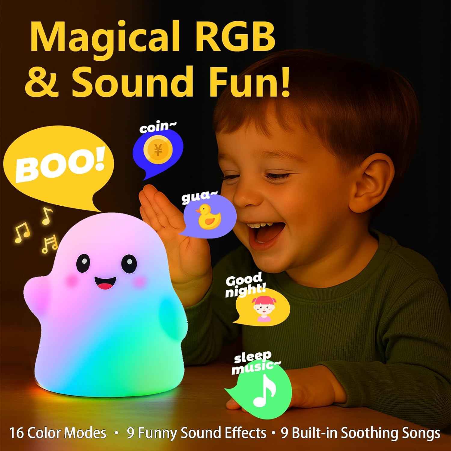 nextanG RGB Ghost Night Light – Color-Changing Tap Control Fun Toy for Kids, Soft Squishy Silicone Lamp with Sounds, Dimmable Rechargeable Bedside & Table Lamp, Funny Gift for Boys & Girls