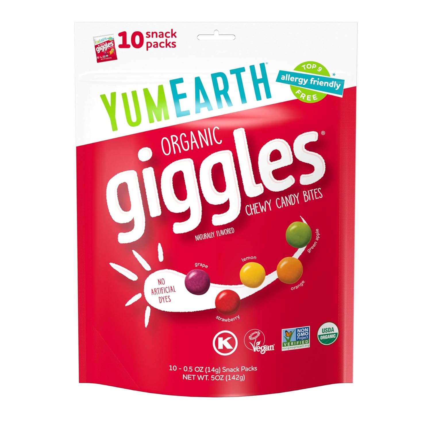 yumearth organic giggles 0.5 ounce allergy friendly candy pack of 10 individually wrapped