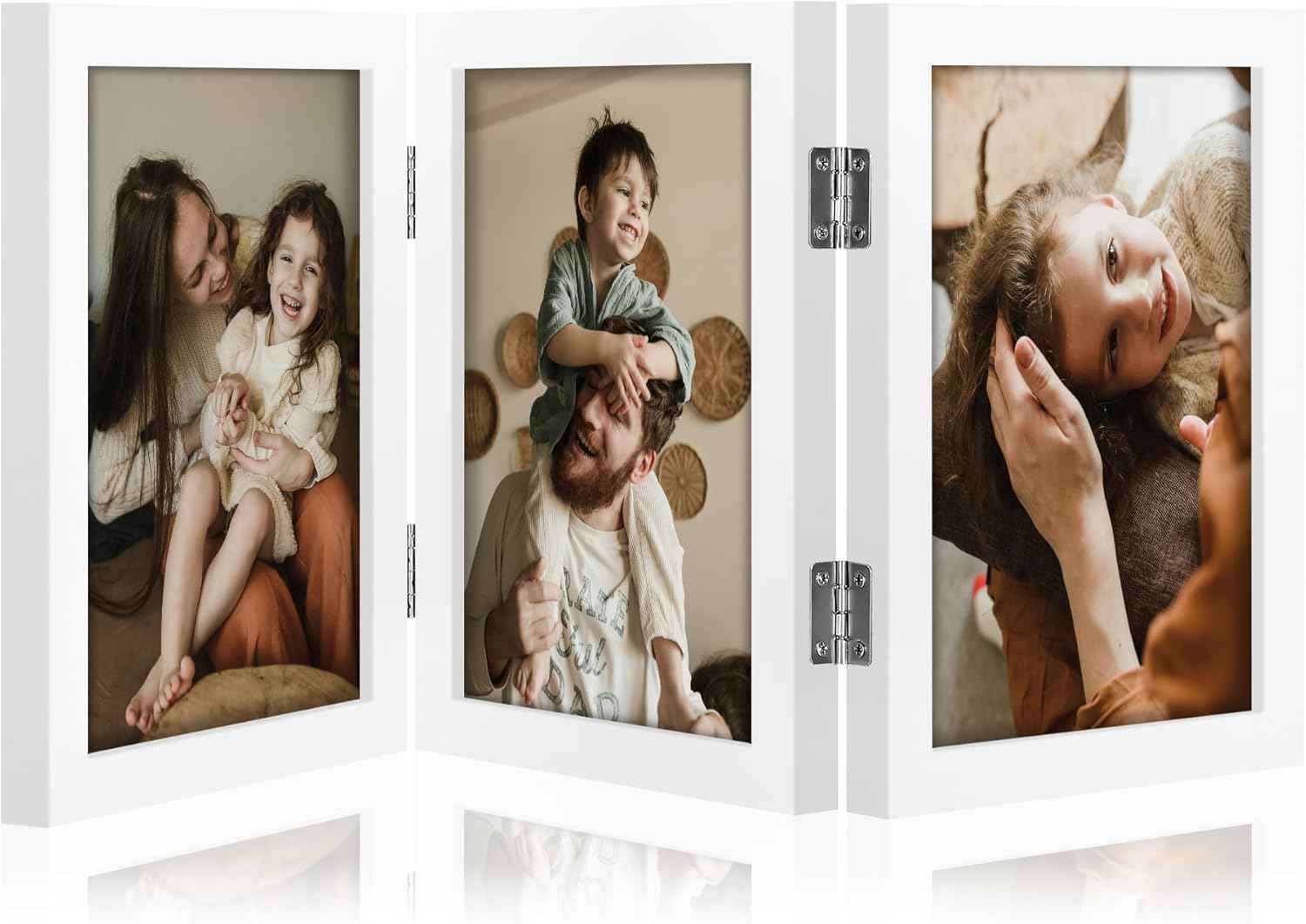 decorUhome Triple 4x6 Picture Frame Vertical, Engineered Wood Trifold Photo Frame with Plexiglass for Tabletop Display, 4x6, Black