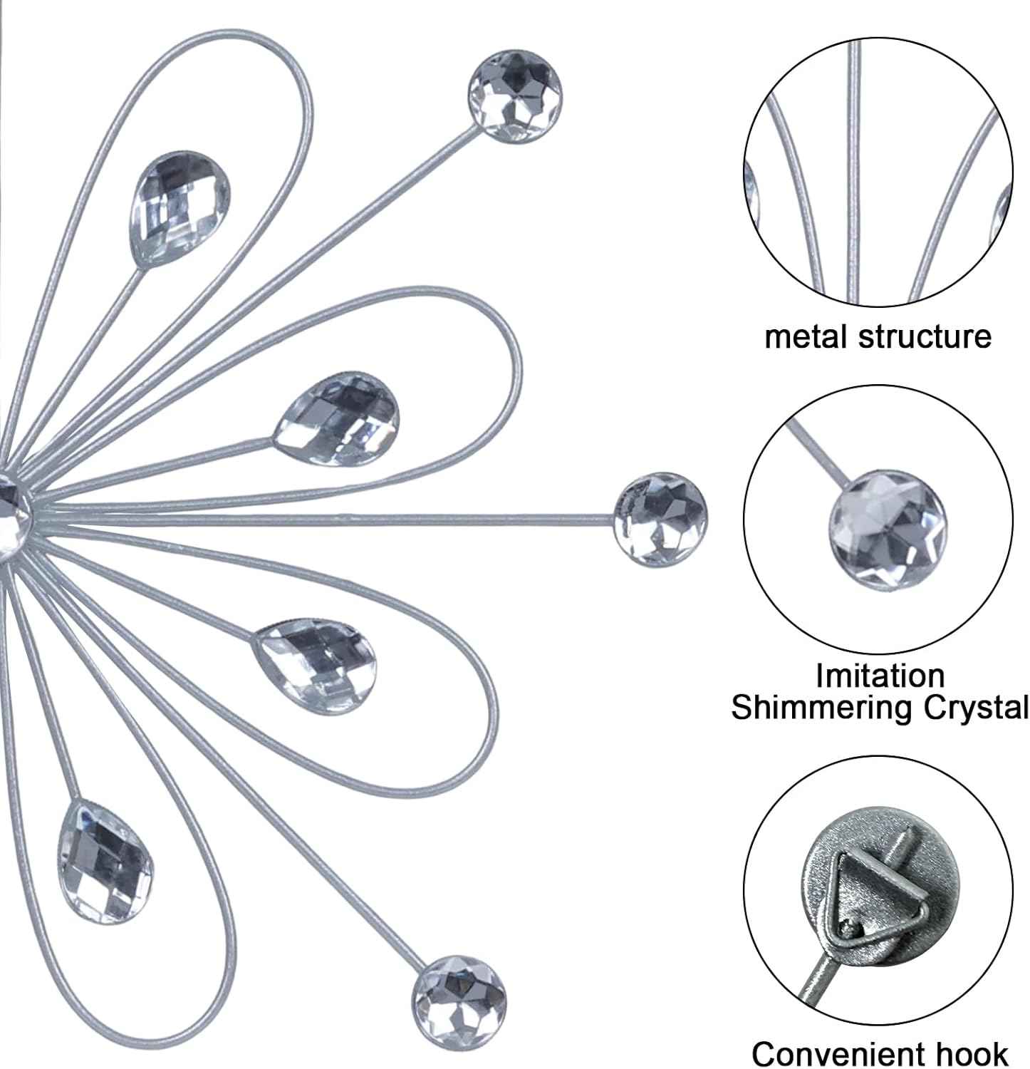 hogardeck Metal Flower Wall Decor, 11inch Silver Metal Jeweled Wall Art Bling Crystal Home Décor, Sun Burst Rhinestone Wall Hanging Diamond Accents for for Indoor, Outdoor, Living Room, Bedroom