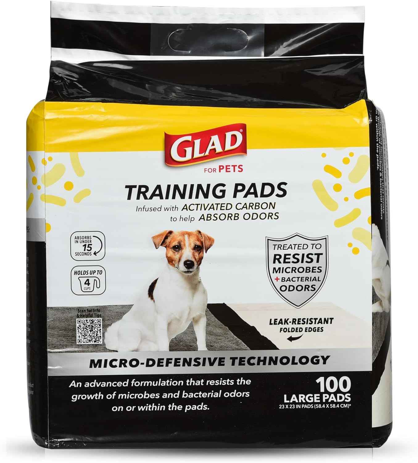 Glad for Pets Black Charcoal Puppy Training Pads with Odor Control and Pheromone Attractant, Leak Resistant Dog Potty Pads for House Training Puppies and Dogs, 23 x 23 in, 50 Count