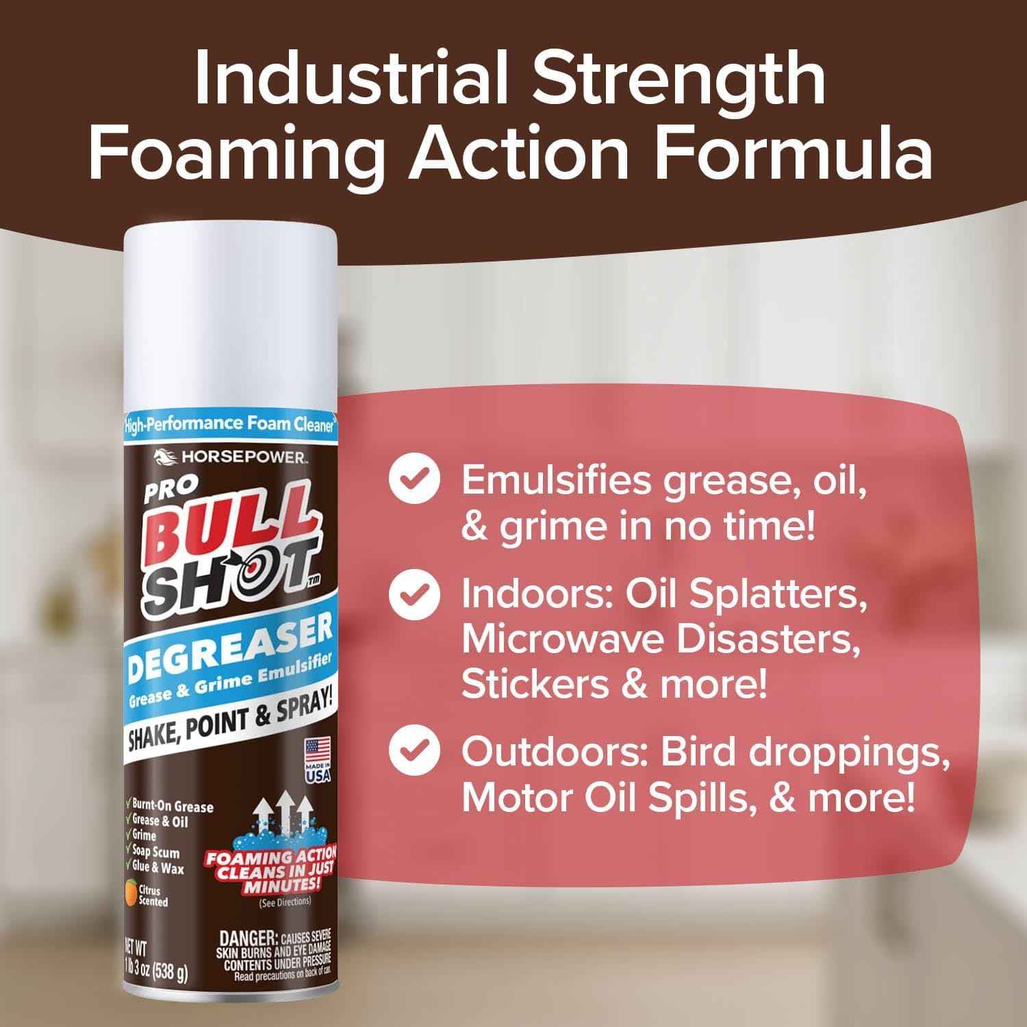 Bull Shot Degreaser Pro, Foaming Degreaser & Grime Remover, Heavy-Duty, AS SEEN ON TV, Residue-Free, Shake, Point & Spray, Emulsifies Grease, Oil Splatters, Glue, Tape Residue & More - Made in the USA