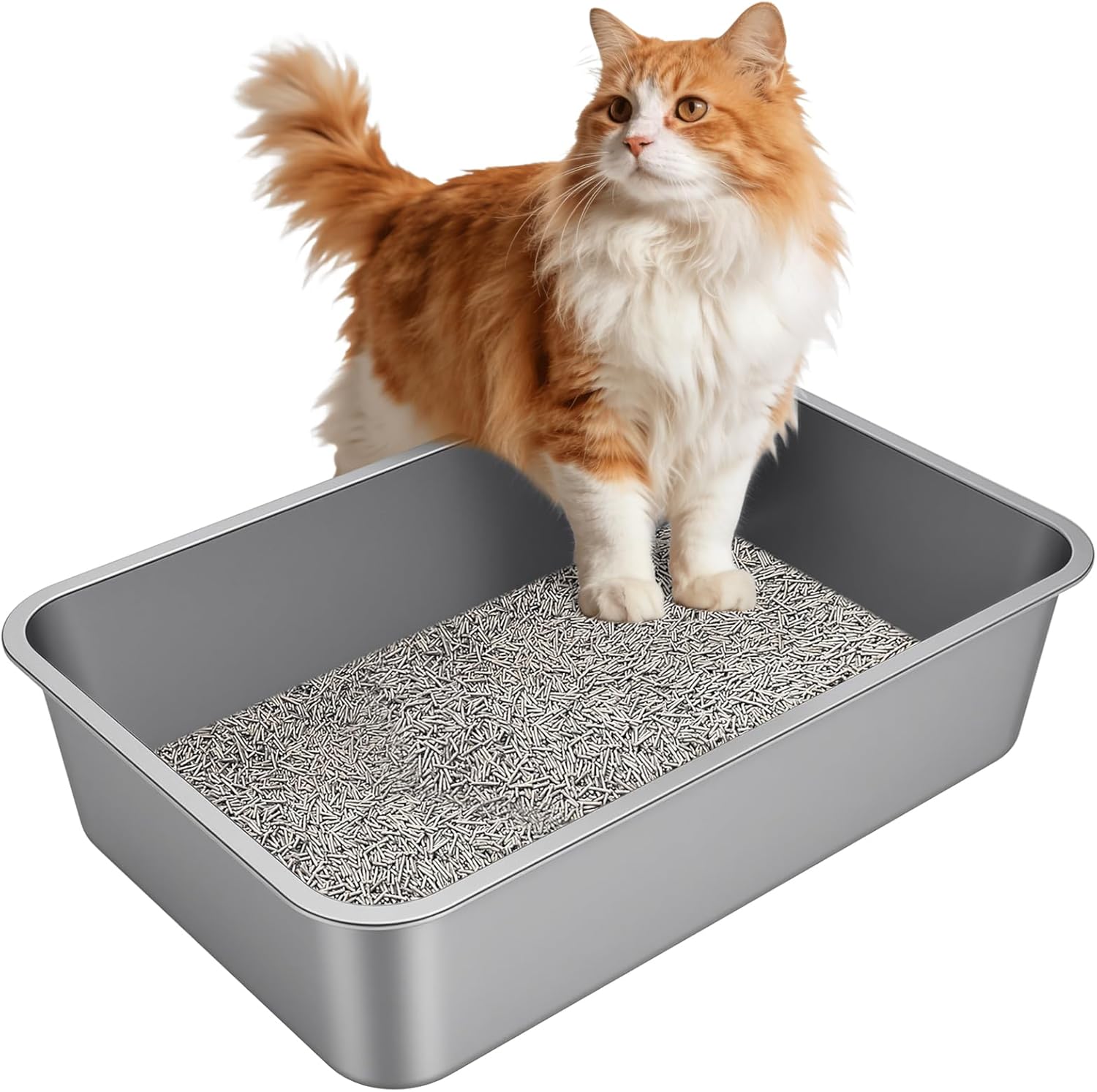 stainless steel metal cat litter box with high sides odor-free non-stick for indoor cats and kittens