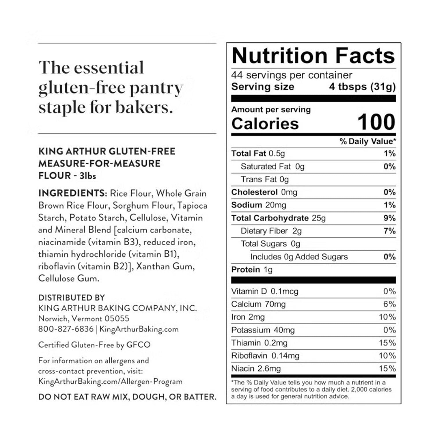 king arthur measure for measure gluten-free flour, 1:1 substitute for wheat flour, non-gmo, kosher certified, 3 lbs