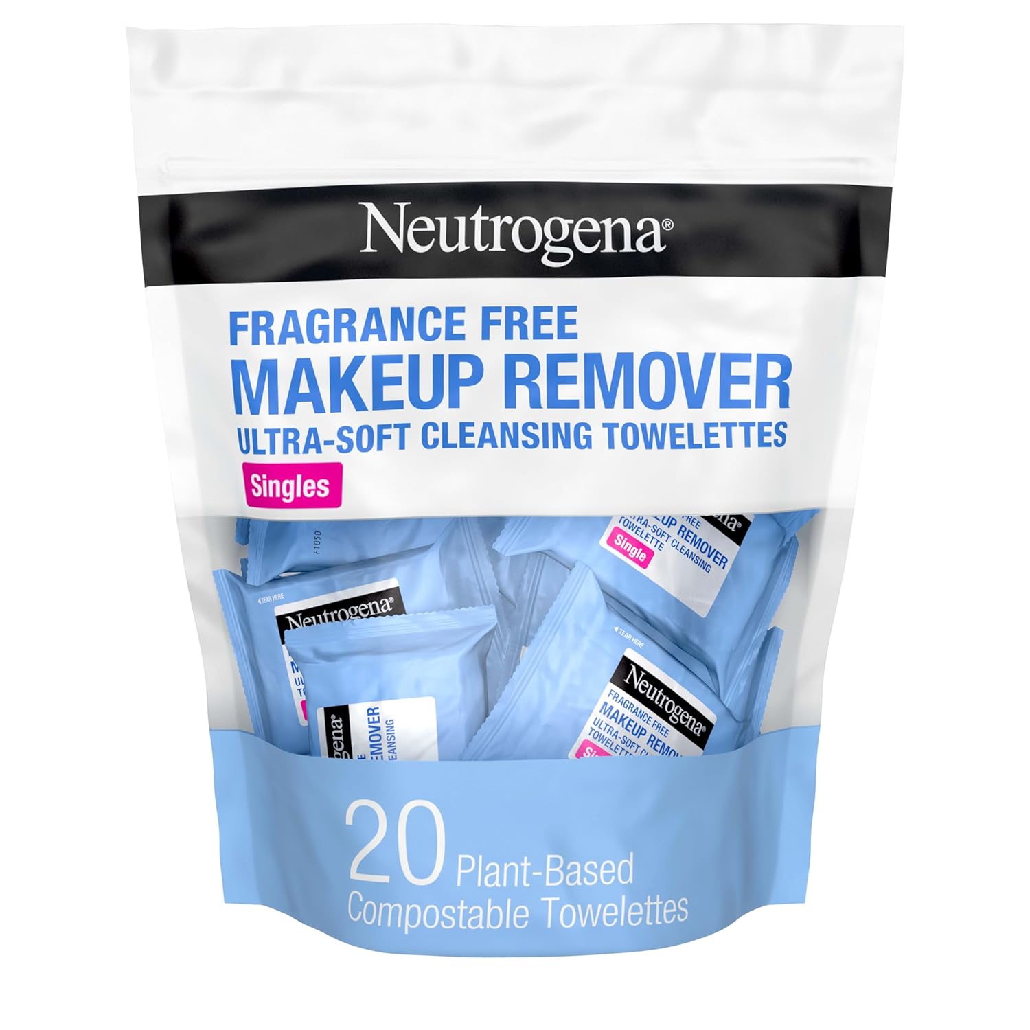Neutrogena daily makeup remover wipes, 20 count, single face cleansing towelettes, alcohol-free, 100% plant-based