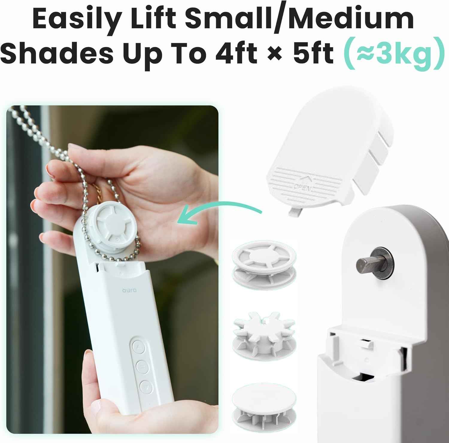 Aura Roller Smart Shade Driver, Remote Control & WiFi Dongle | Automate Existing Blinds | Beaded Window Shade Compatible Up to 4x5ft | Rechargeable Battery | Set Schedules | Hands Free Voice Control