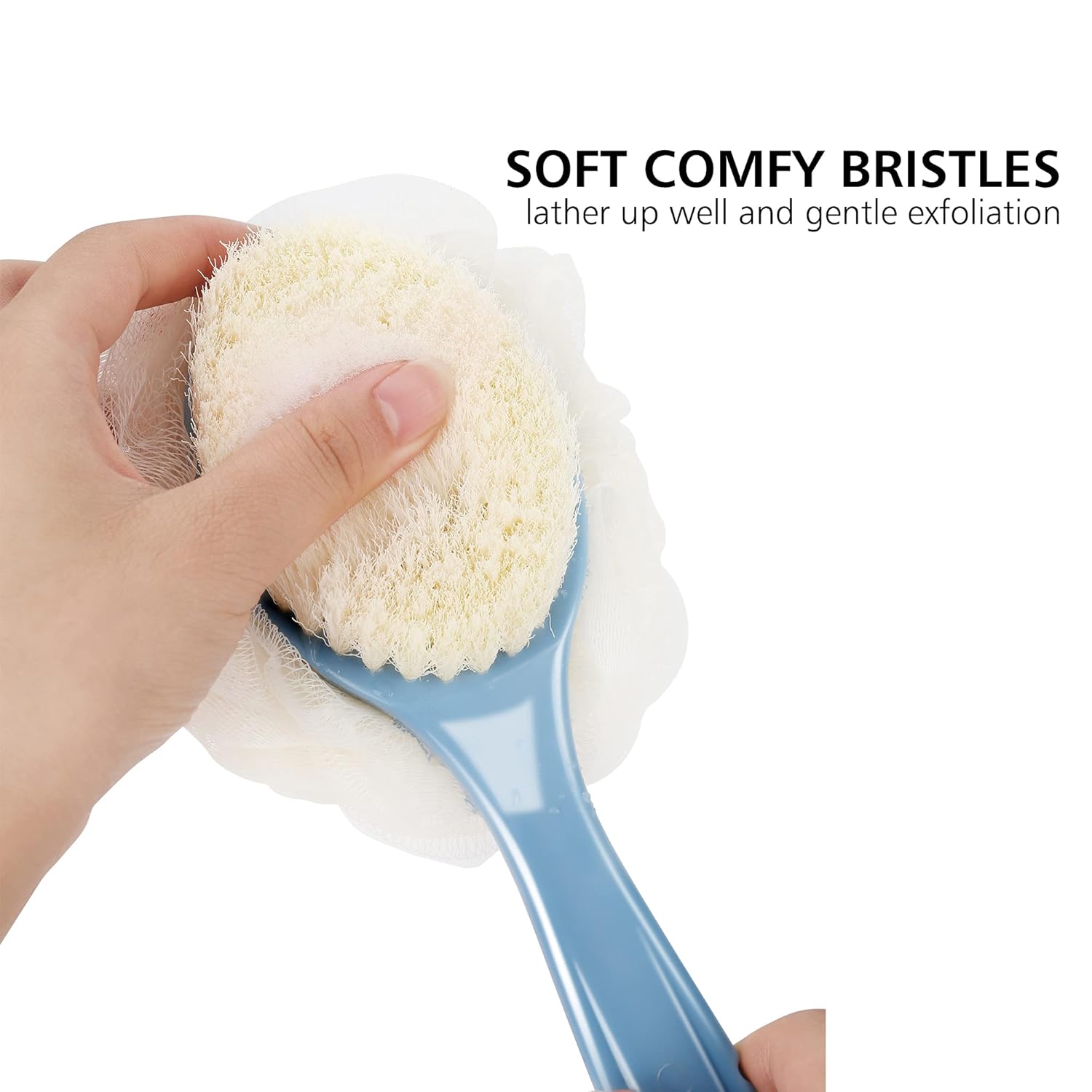 Shower body brush with bristles and loofah for skin exfoliating bath, curved long handle for back and feet, suitable for wet or dry use, men and women, blue