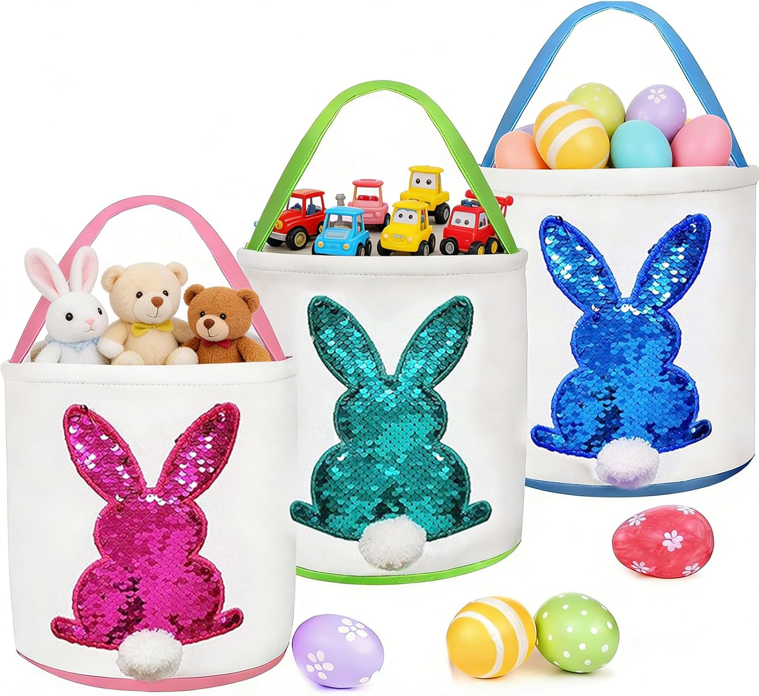 3 pcs canvas bunny print easter egg hunt gift basket with fluffy tails for kids party decoration