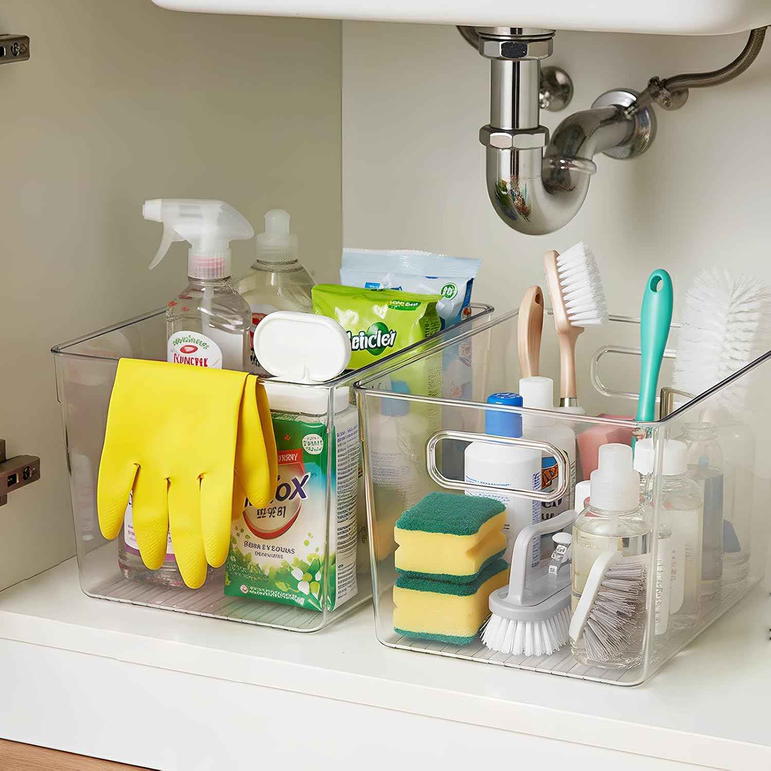 Clear Plastic Storage Bins, 4-Pack Stackable Pantry Organizers and Storage Containers for Kitchen, Fridge, Cabinet and Closet Organization - Home Essentials