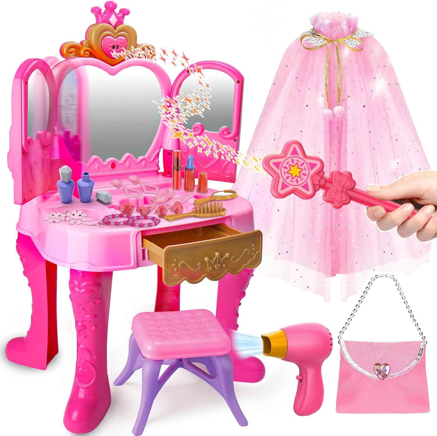 Toddler Vanity Magic Makeup Set Table & Chair Girl Toy Automatically Mirror with Music Light Pink Toys for 2 3 4 Year Old Girl Hair Salon Pretend Play Princess Dress Up Playset Valentine Gift age 3-5