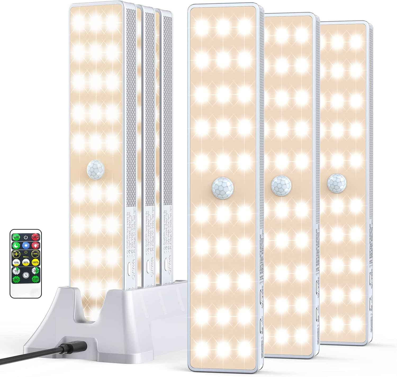 LED Closet Light with Charging Station, 6 Pcs 30LEDs 8'' Dimmer Rechargeable Motion Sensor Under Cabinet Lighting, Stick-Anywhere Night Light for Wardrobe,Kitchen