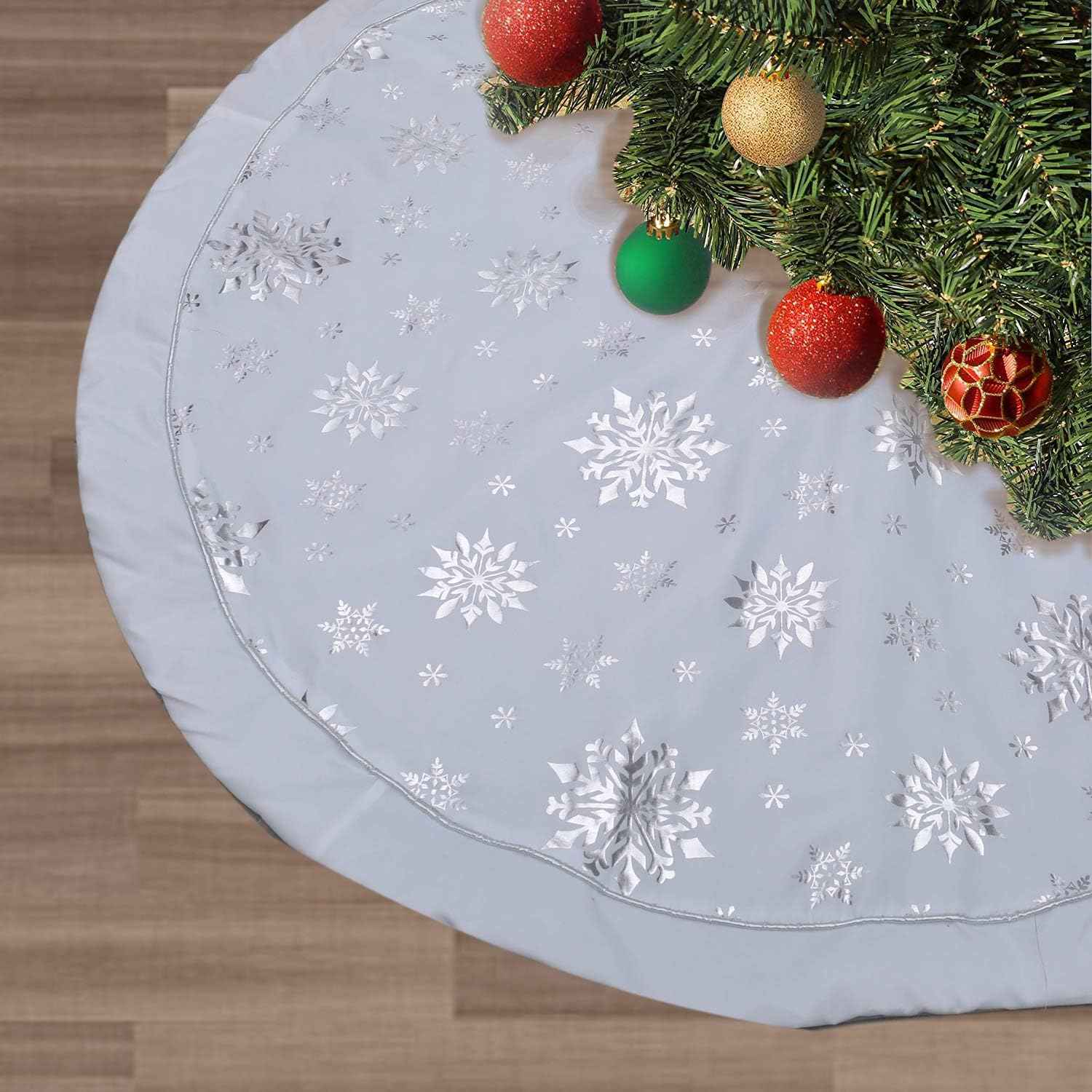 Flash World 48 Inch Large Christmas Tree Skirt Xmas Soft Cover Mat Decor Snowflake Collar Farmhouse Tree Skirt for Holiday Ornaments Party Home Indoor Decorations (Red, 48INCH)