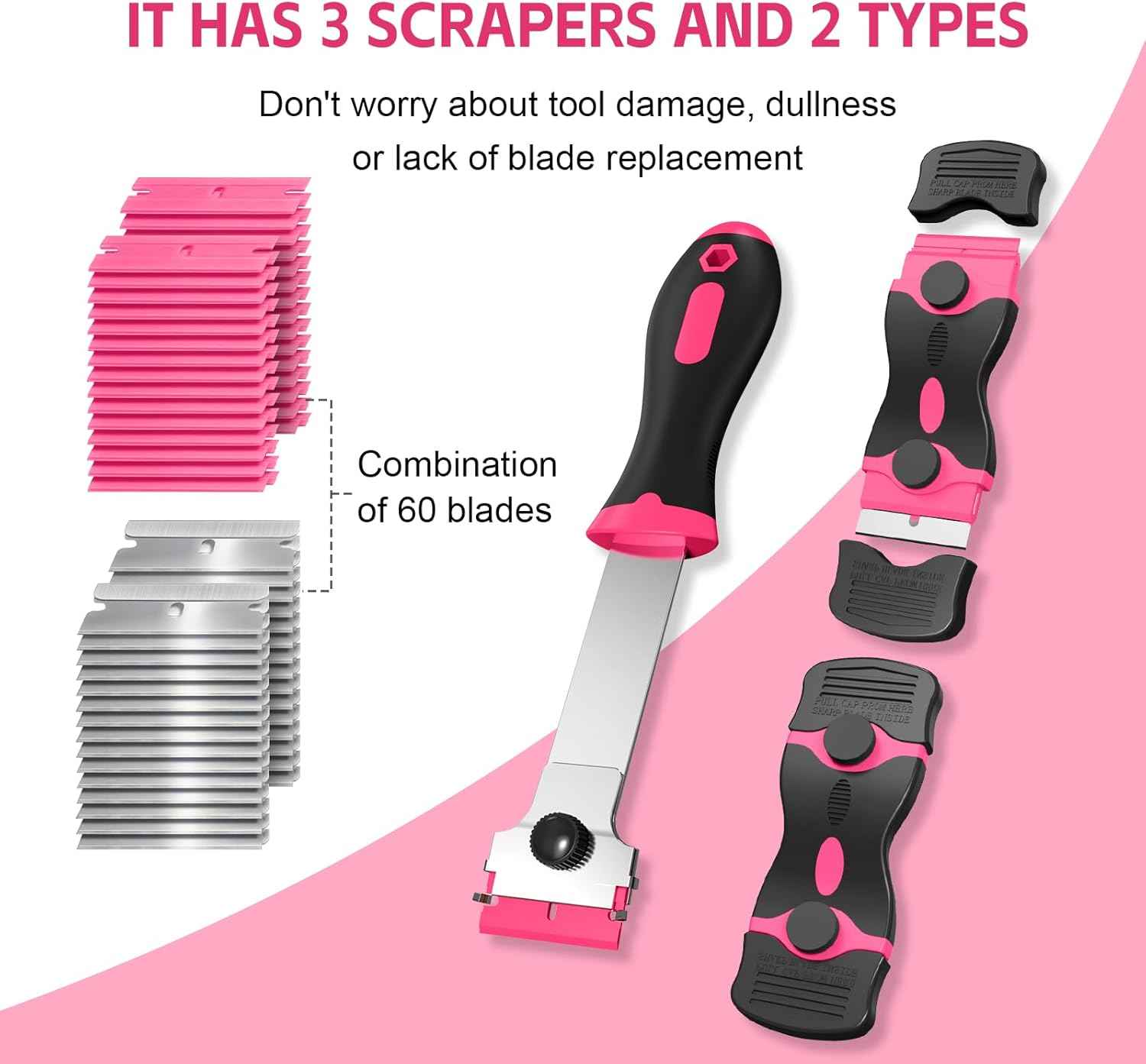 3 Pack Razor Blade Scraper Set, Includes 30 Plastic & 30 Metal Blades, Multi-Purpose Tool for Glass, Cooktop, Sticker Removal, Paint & Gum Cleaning (Pink)