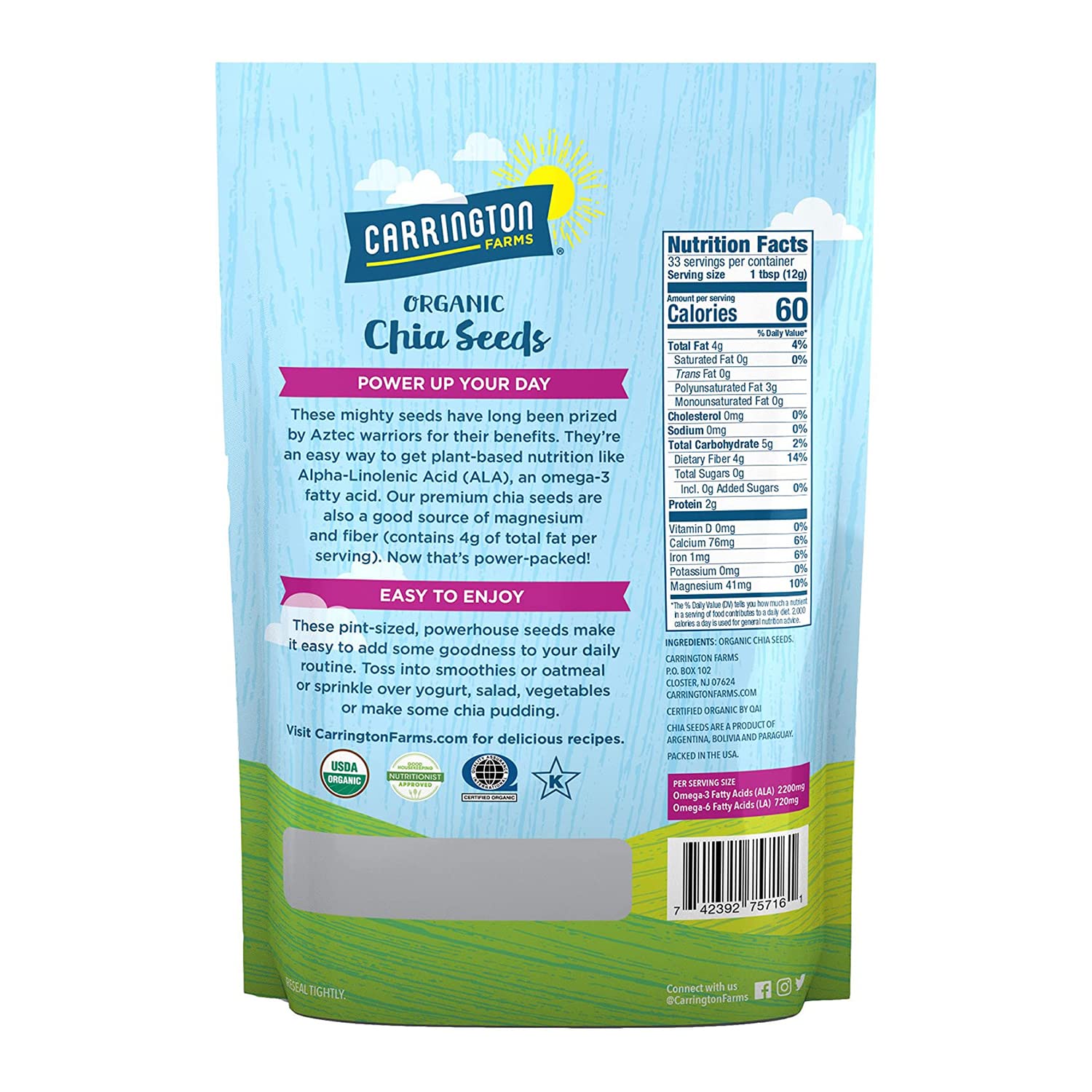 Carrington Farms Organic Chia Seeds, Gluten Free, 14 Ounce, USDA Organic, Mild Flavor