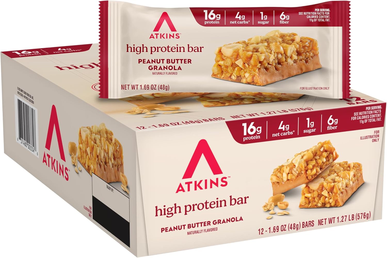 atkins peanut butter granola high protein bar, 16g protein, 1g sugar, 12 count