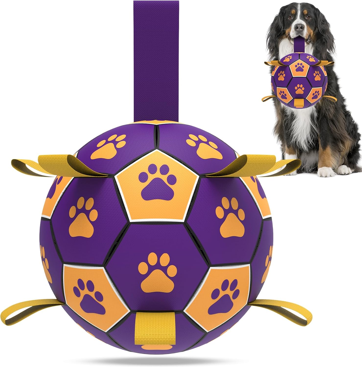Qdan dog toys 6 inch world cup dog soccer ball with straps for small medium pet outdoor play