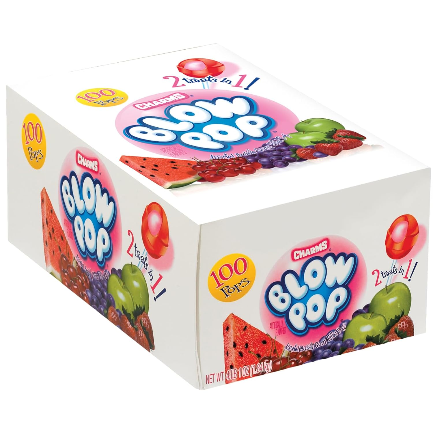 Charms Blow Pop 100-Count Assorted Flavors Individually Wrapped Dual Candy and Gum Suckers, Peanut Free, Gluten Free, Kosher, Bulk Treat for Kids and Adults