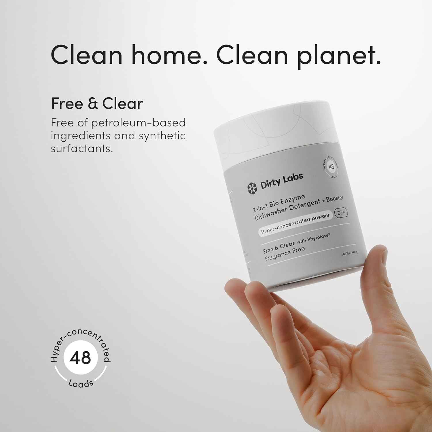 Dirty Labs | Dishwasher Detergent and Booster | Scent Free | 48 Loads (1 lb) | Ultra Clean, Spot Free, Quick Wash Optimized | Hyper Concentrated