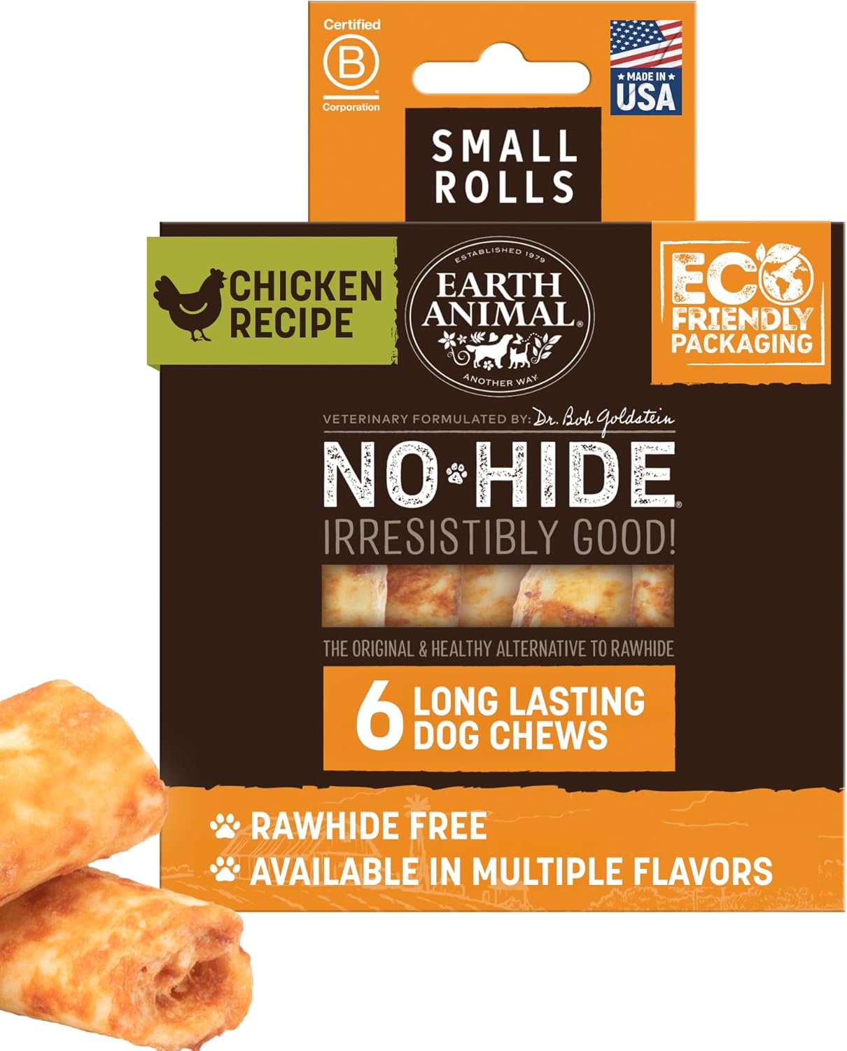 Earth Animal No Hide Chews for small dogs, 16-45 lbs, 6 count, chicken, rawhide free, long lasting