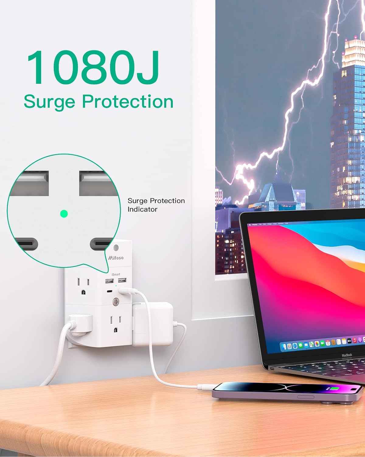 Surge Protector Outlet Extender - with Night Light, 5-Outlet Splitter and 4 USB Ports (2 USB C Charger), Multi Plug Outlet for Home, Dorm Room Essentials