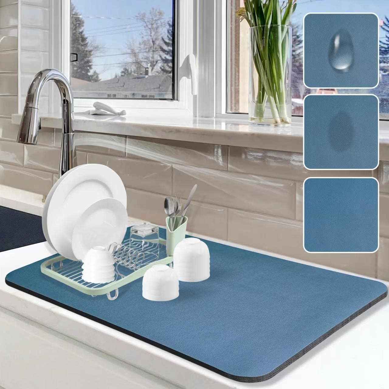 Dish Drying Mat for Kitchen Counter, 12"x19" Dish Drying Pad with Non-slip Rubber Backed, Hide Stain Anti Absorbent for Kitchen Counter, Drying Mat for Coffee Machine Dish Rack (Grey)