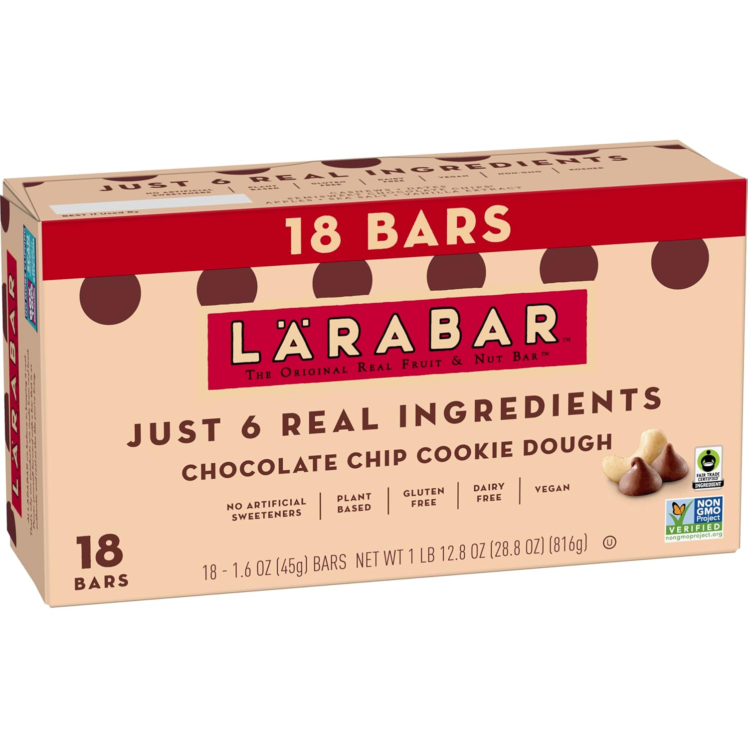 larabar chocolate chip cookie dough vegan gluten free fruit nut bar 18ct 1.6oz each