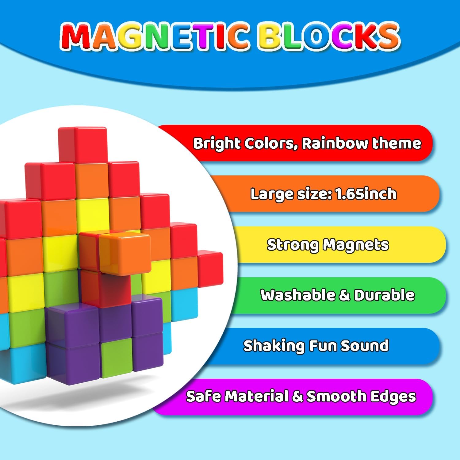 Magnetic Building Blocks, 1.65 inch Large Magnetic Stacking Cubes for Toddlers, Sensory & Montessori Toys for Boys & Girls 1 2 3 Years Old (36 PCS)