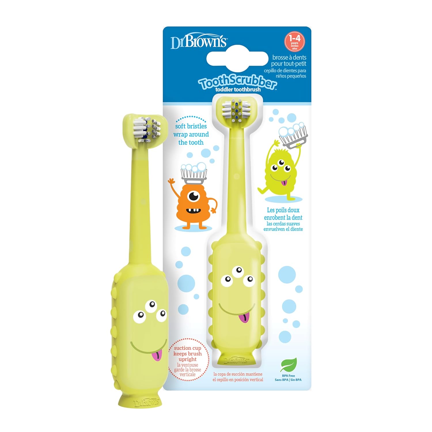 dr. browns green monster triple-sided toddler toothbrush with suction cup base, ages 1-4 years