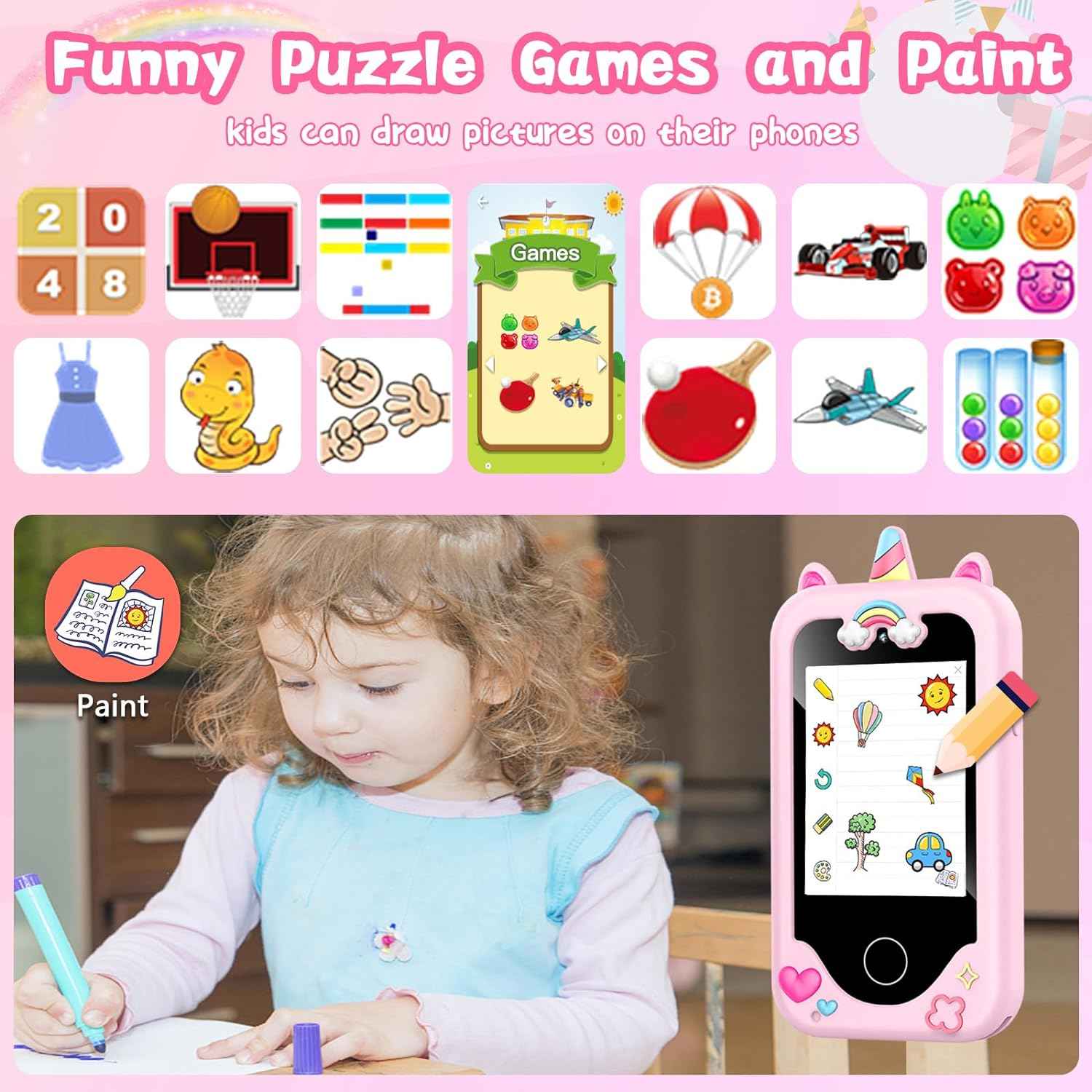 WEOLULI Kids Smart Phone with Dual Camera, Game & Music Player, Toddler Learning Play Toy Cell Phone, Gifts for Girls, Christmas, Birthday, Age 3-10, Light Pink