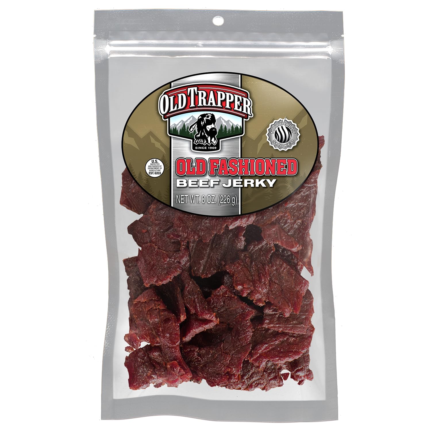 Old Trapper old fashioned beef jerky, tender meat snacks with 11 grams of protein, zero grams of fat, and 70 calories per serving
