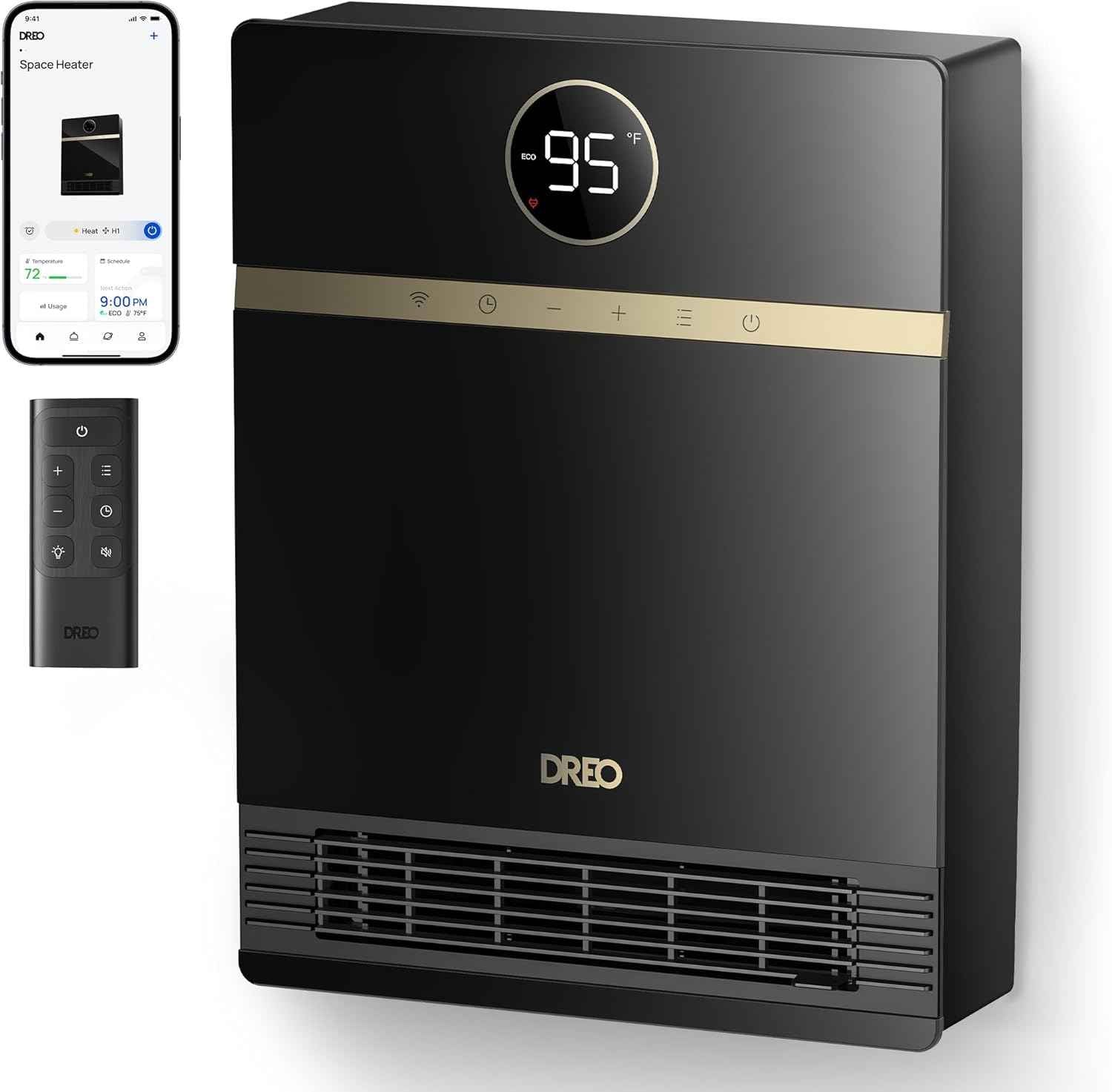 DREO Smart Wall Heater, IP24 Electric PTC Space Heaters for Indoor Use, 30° Oscillation, Adjustable Thermostat, Remote Control, Works with Alexa, 24H Timer, Easy-mounted for Office, Bedroom, Home