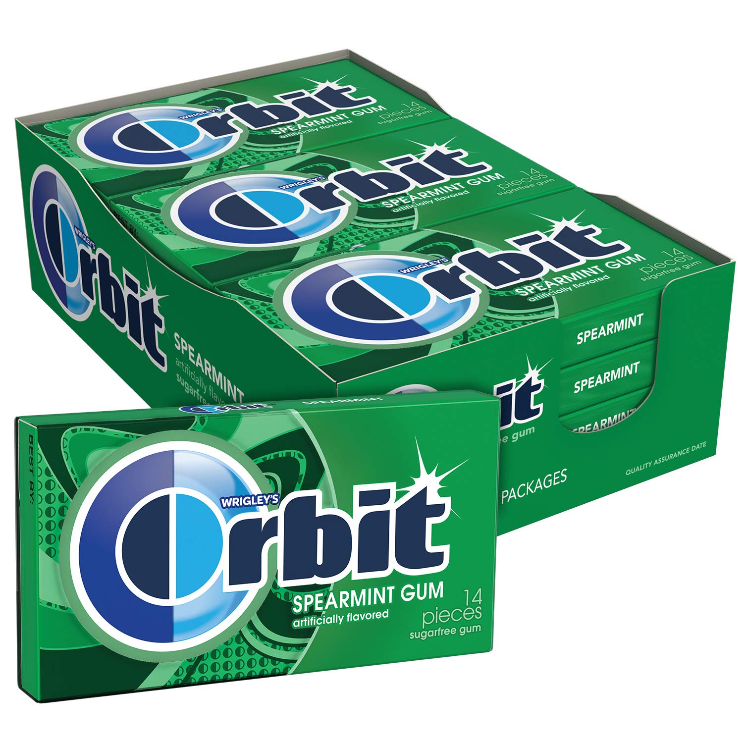 Wrigley's Orbit Sugar-Free Spearmint Gum, 12 packs in bulk with 14 pieces each, total 168 pieces