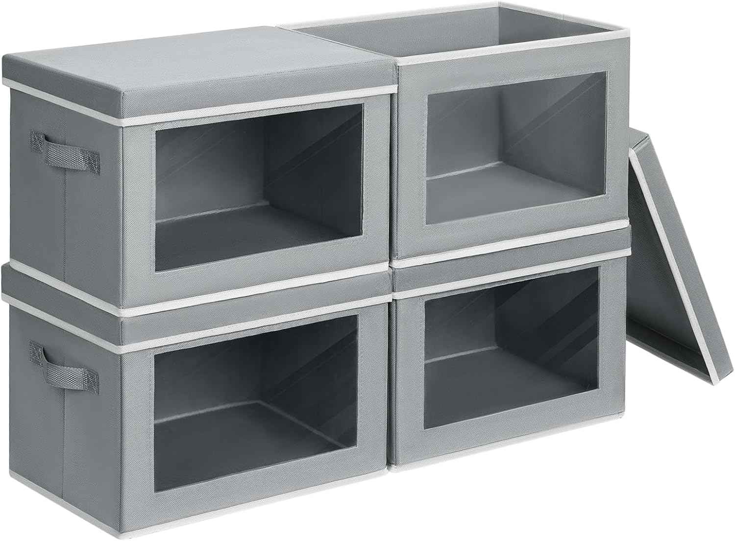 Storage Bins with Lids - Fabric Closet Storage Bins with Window, Collapsible Baskets for Shelves 4 Pack, Home Decorative Boxes for Clothes, Closet, Office, Grey