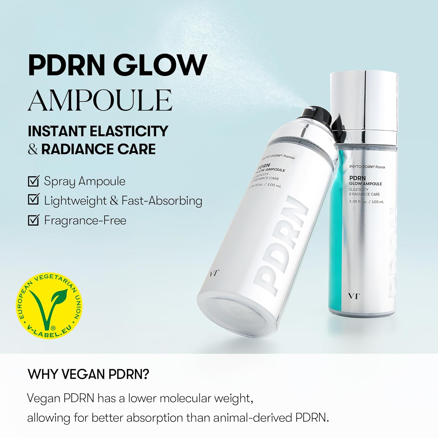 vt cosmetics pdrn glow ampoule, 3.38 fl oz, korean skincare, vegan, fragrance-free, deep hydration