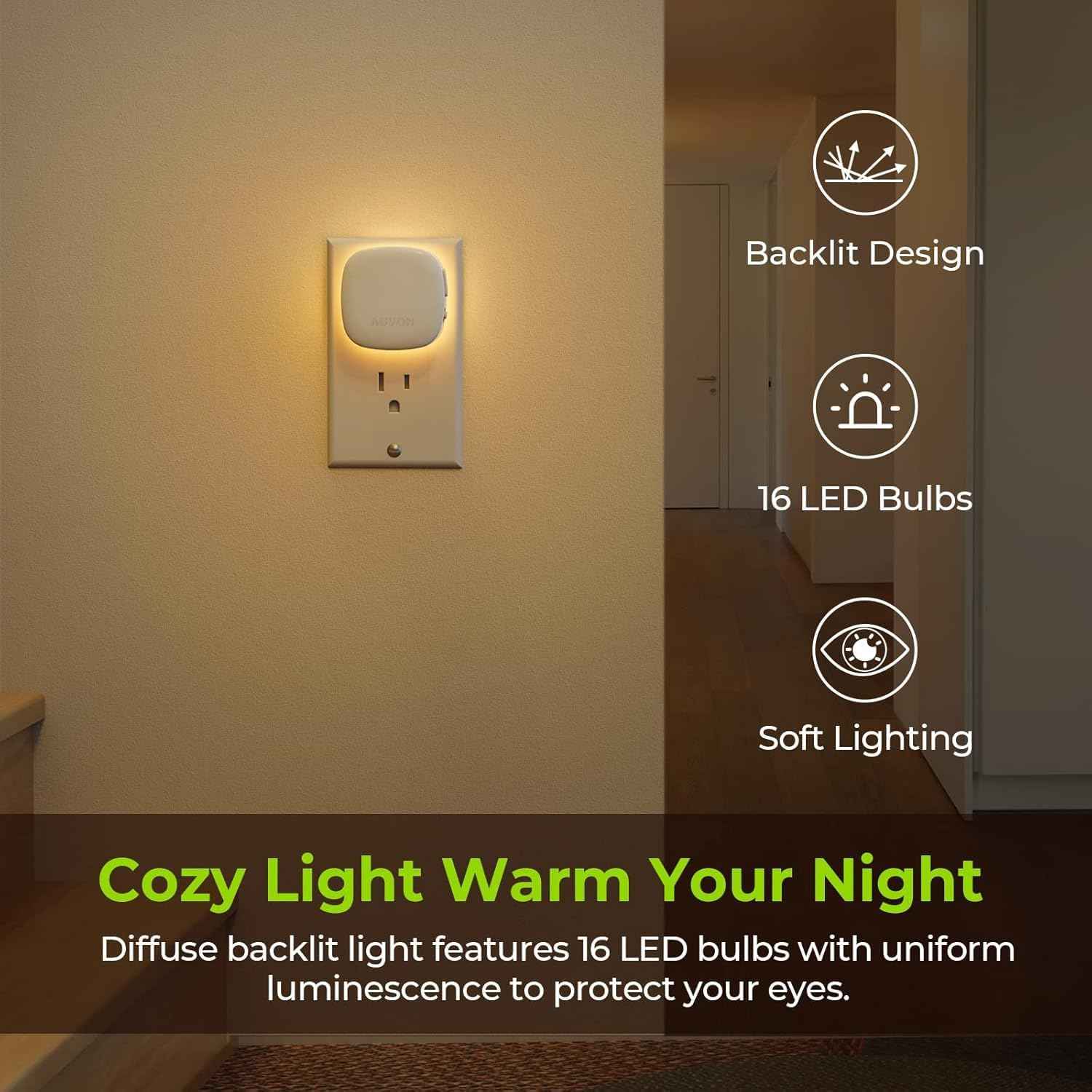 AUVON Plug-in LED Backlit Night Light with Motion Sensor & Dusk to Dawn Sensor, Dimmable Warm White Nightlight with 1-50 lm Adjustable Brightness for Bedroom, Bathroom, Stairs, Hallway (4 Pack)