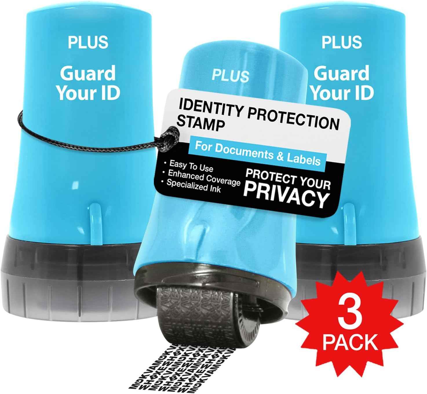 Guard Your ID Advanced 2.0 Roller 3-Pack for Identity Theft Protection, Confidential Security Stamp Mixed Color Kit (Turquoise, Green, White)