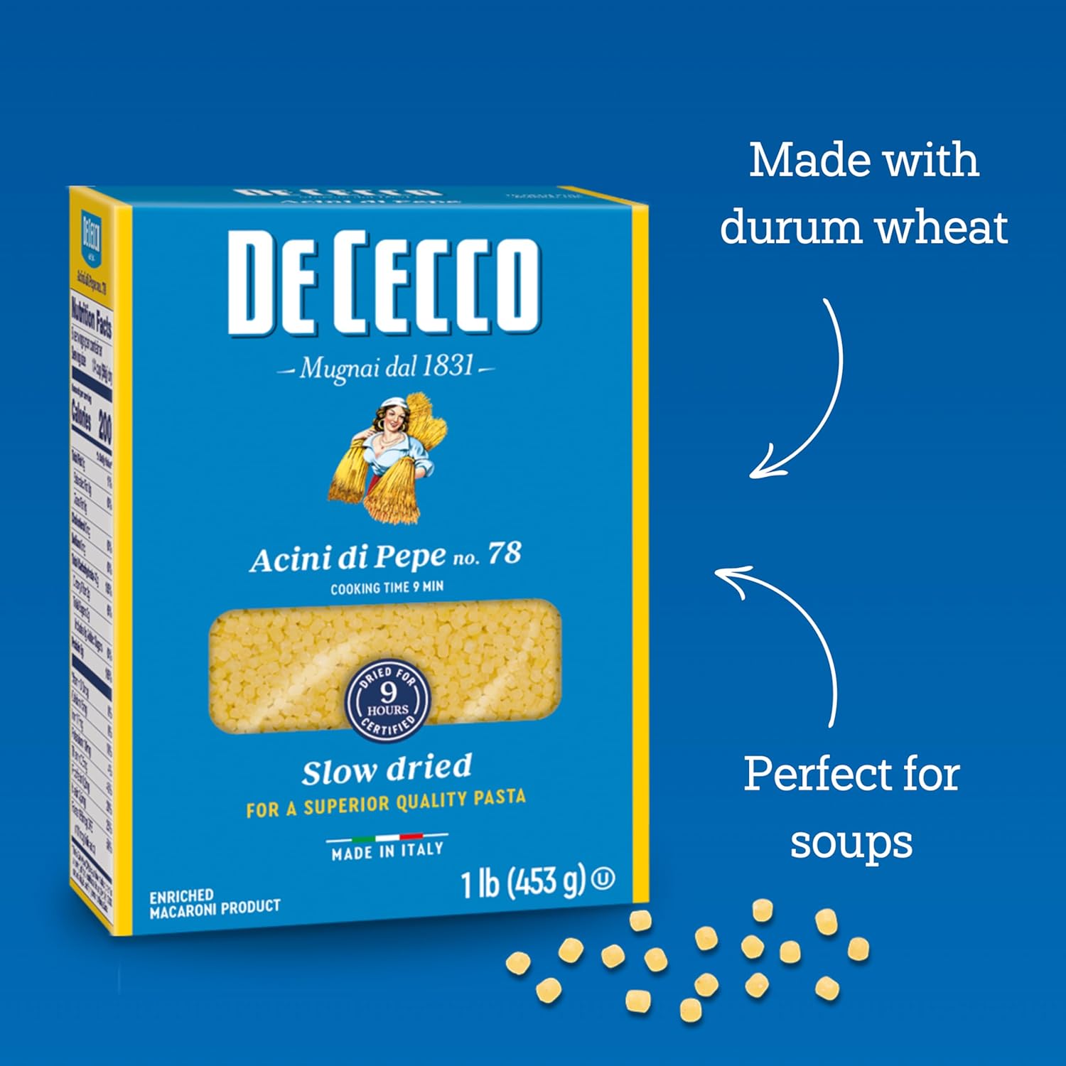 De Cecco Acini Di Pepe No. 78, 16 Oz, authentic Italian pasta, slow dried, semolina and durum wheat, made in Italy