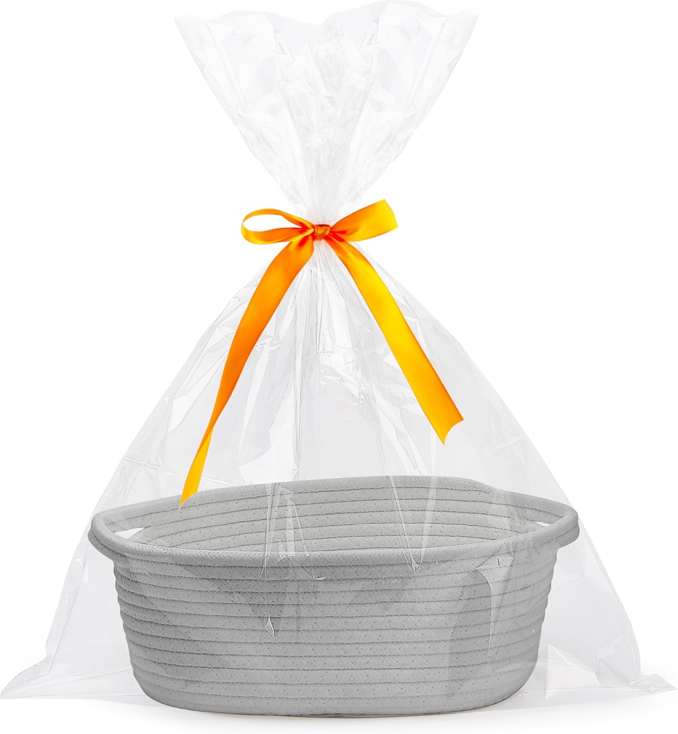 White small woven burr basket with gift bags and ribbons, 12" x 8" x 5", durable storage for gifts, baby toys, and living room essentials