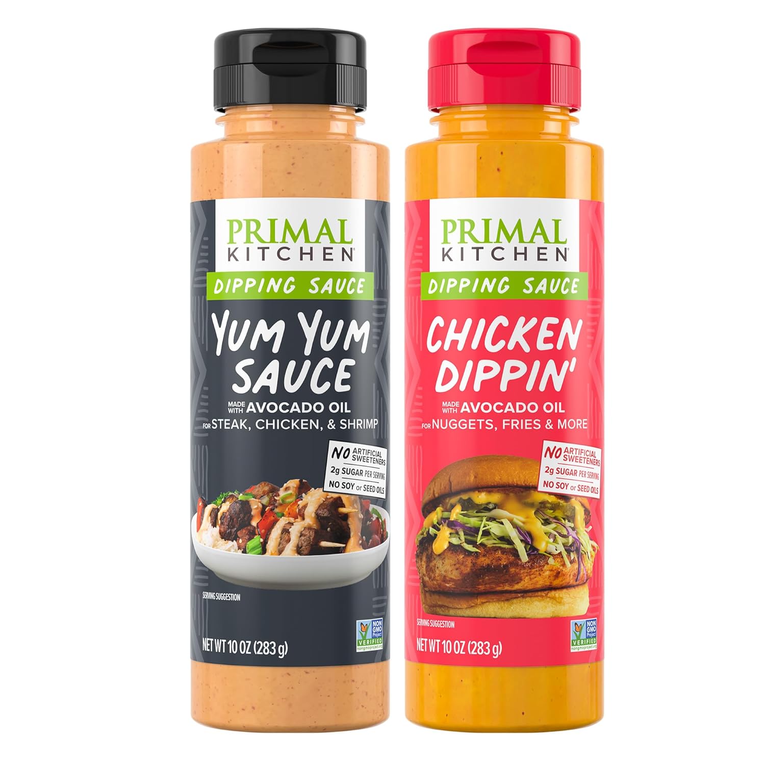 Primal Kitchen 2 Pack dipping sauces with yum yum and chicken dippin' flavors made with avocado oil